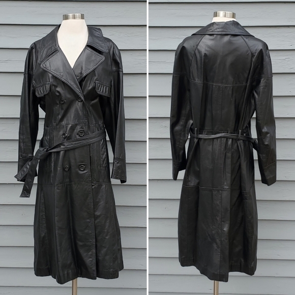 Vintage 70s Black Leather Double Breasted Belted Punk Goth Boho Trench Coat Md - Picture 1 of 6